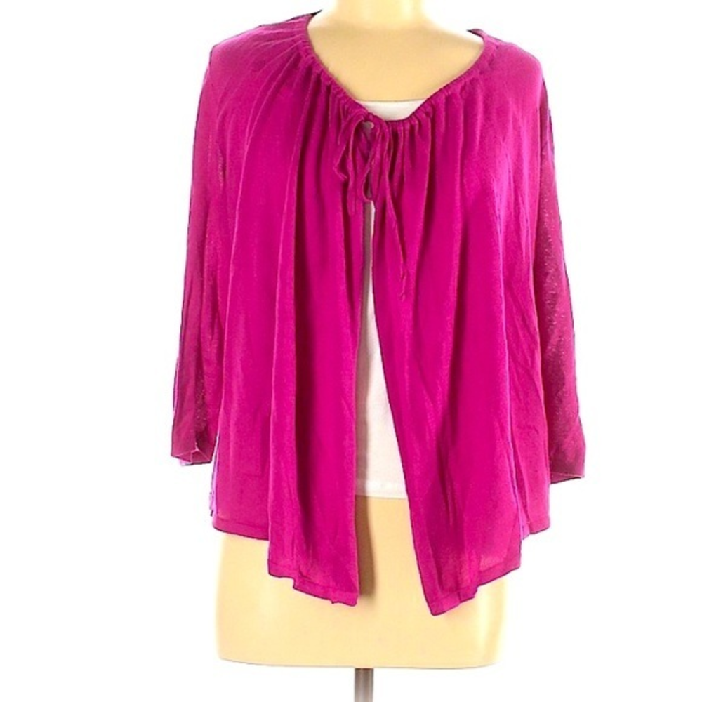 Lord & Taylor M pink drawstring‎ neck tie 3/4 sleeve flowing cardigan